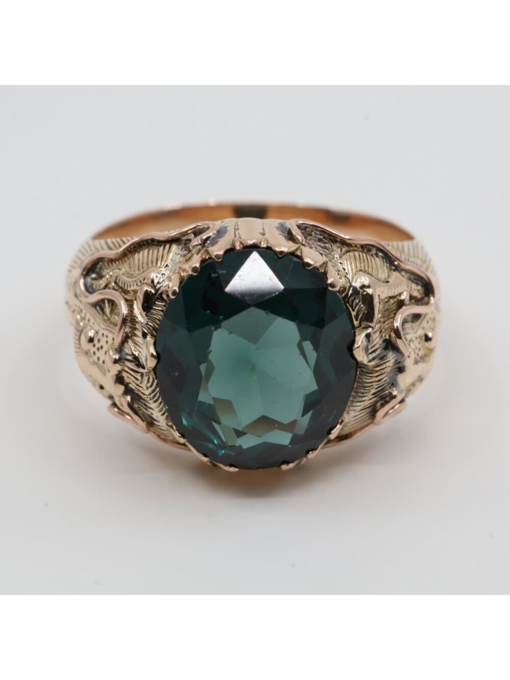 Vintage 12K Karat Solid Rose Gold Designer Lab Grown Green Spinel Ring - Size 11